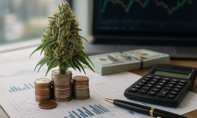 A photorealistic cannabis bud sitting on stacks of coins, surrounded by financial charts, a calculator, pen, and cash, symbolizing cannabis tax revenue and economic impact.