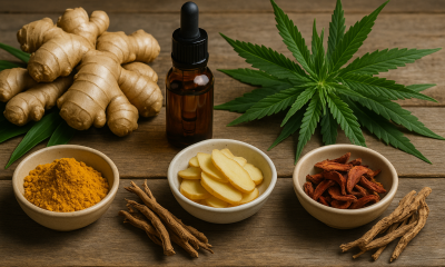 A rustic wooden table displaying turmeric powder, fresh ginger, sliced ginger, dried danshen roots, thunder god vine pieces, and cannabis leaves arranged with an amber dropper bottle, symbolizing natural remedies for rheumatoid arthritis.