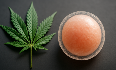 A photorealistic widescreen image showing a cannabis leaf beside a human egg cell on a dark surface, symbolizing research on cannabis and female fertility.