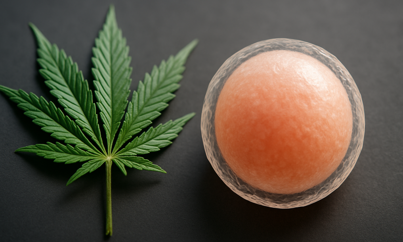 A photorealistic widescreen image showing a cannabis leaf beside a human egg cell on a dark surface, symbolizing research on cannabis and female fertility.