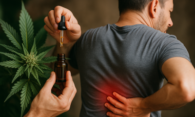 A man in a gray shirt holds his lower back in pain while another hand dispenses golden cannabis extract from a dropper bottle beside a cannabis plant.