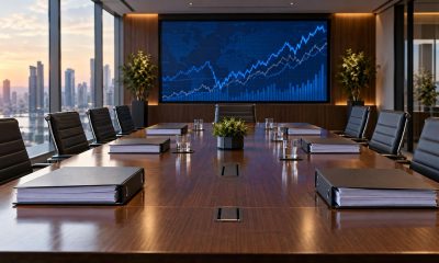 Empty boardroom table with bound documents and a wall screen of stock charts