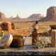 A close-up, photorealistic widescreen photograph of the American CBD skincare collection. On a weathered grey slate slab, three premium containers are arranged: a frosted amber glass jar of cooling relief cream with a wooden lid, a dark amber serum bottle with a glass dropper, and a textured light-wood balm stick. A single, golden drop of oil is suspended from the dropper. The foreground is accented with drought-tolerant Southwestern flora, including a small prickly pear cactus and sprigs of desert sage, with a subtle, text-free bald eagle silhouette etched into the corner of the slate. The background is a soft-focus vista of a sun-drenched American desert with towering red rock mesas under a warm, golden hour sky.