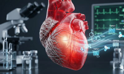 Photorealistic 3D medical visualization of a human heart with visible vascular networks and fiber-like structural detailing, set against a dark laboratory background with blurred scientific equipment.