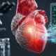 Photorealistic 3D medical visualization of a human heart with visible vascular networks and fiber-like structural detailing, set against a dark laboratory background with blurred scientific equipment.