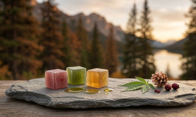 A close-up, photorealistic shot of three soft, cube-shaped fruit gummies in shades of ruby, emerald, and amber, resting on a rustic grey slate slab. A small green hemp leaf, a few wild red berries, and a pine cone accent the arrangement. The background features a soft-focus, cinematic view of a tranquil Canadian mountain lake and evergreen forest under a warm, golden sunset.