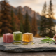A close-up, photorealistic shot of three soft, cube-shaped fruit gummies in shades of ruby, emerald, and amber, resting on a rustic grey slate slab. A small green hemp leaf, a few wild red berries, and a pine cone accent the arrangement. The background features a soft-focus, cinematic view of a tranquil Canadian mountain lake and evergreen forest under a warm, golden sunset.