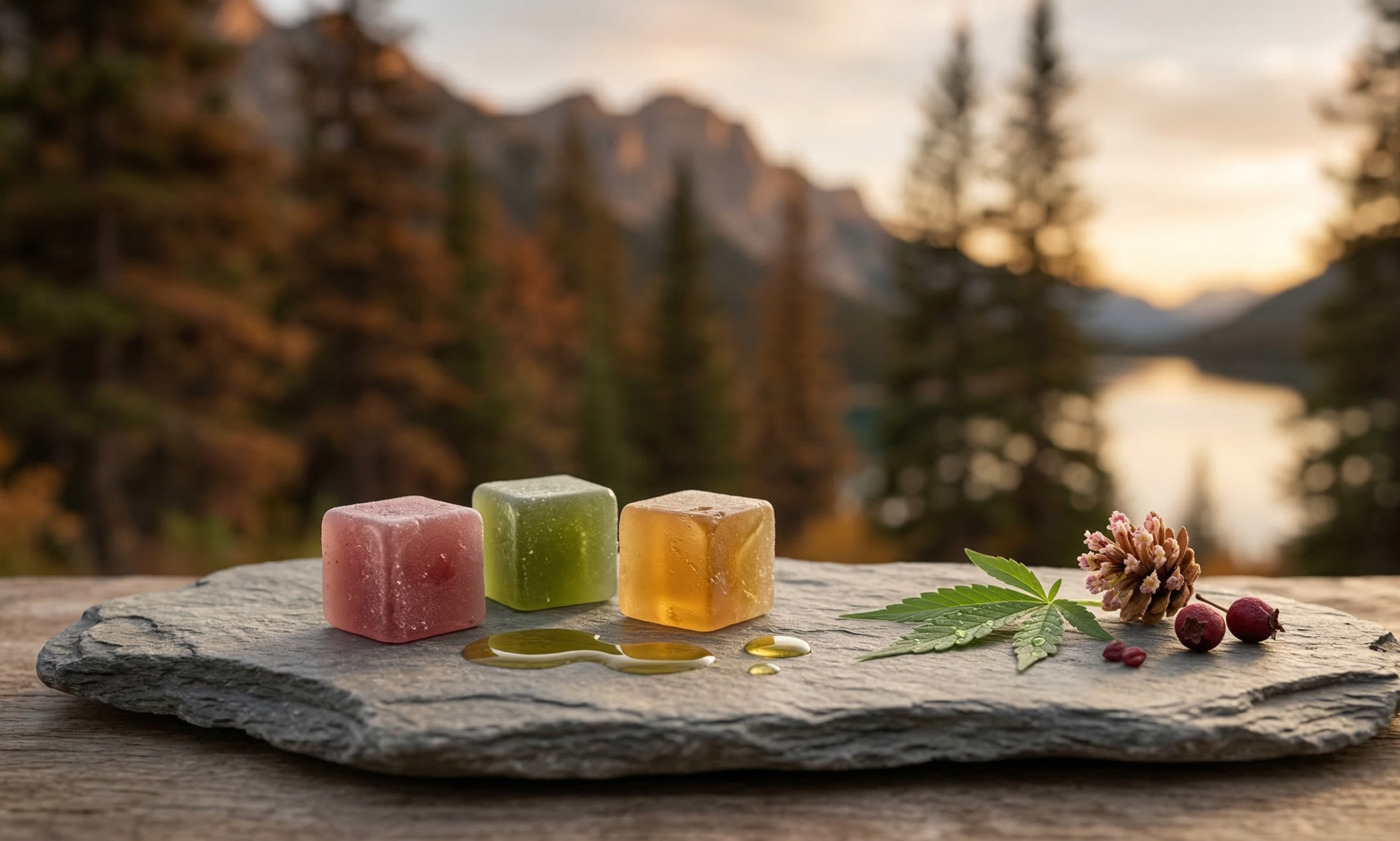 A close-up, photorealistic shot of three soft, cube-shaped fruit gummies in shades of ruby, emerald, and amber, resting on a rustic grey slate slab. A small green hemp leaf, a few wild red berries, and a pine cone accent the arrangement. The background features a soft-focus, cinematic view of a tranquil Canadian mountain lake and evergreen forest under a warm, golden sunset.