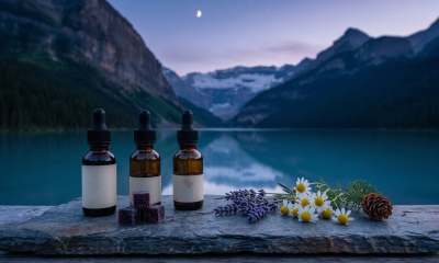 A serene, photorealistic widescreen shot of three amber glass apothecary dropper bottles with blank white labels, resting on a rustic slate slab. Beside the bottles are a small stack of dark purple gummies, a sprig of fresh lavender, several delicate white chamomile flowers, and a small pine cone. The scene is set outdoors during the