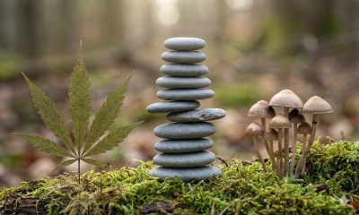 A photorealistic close-up of a balanced stack of smooth stones resting on a mossy forest floor, flanked by a cannabis leaf on the left and a cluster of small mushrooms on the right, set against a soft, blurred natural background.