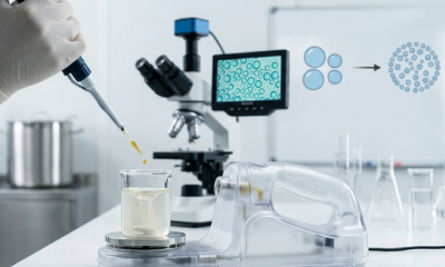 A high-tech laboratory setting showing a close-up of a golden cannabinoid oil droplet being added to a beaker of clear liquid, which is being processed by a modern, transparent microfluidizer to create a nanoemulsion.