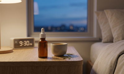 An amber CBD oil tincture bottle and a ceramic cup on a wooden nightstand at dusk, featuring a digital clock showing 9:30 PM and a blurred window view of the blue hour.