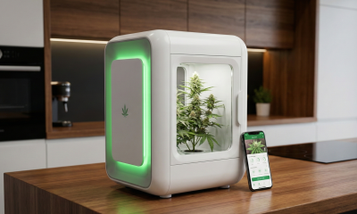 A modern, automated home-grow cannabis appliance sits on a kitchen counter next to a smartphone displaying its control app.