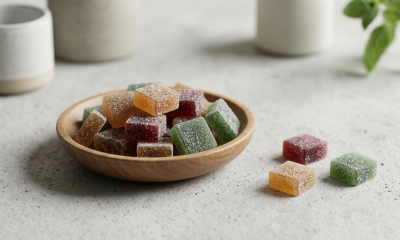 A high-angle, photorealistic shot of assorted square-shaped, sugar-dusted fruit gummies in various colors like amber, deep red, and forest green. Most are gathered in a small, minimalist wooden bowl on a light grey stone surface, with a few gummies and a small green sprig resting nearby in a bright, clean setting.
