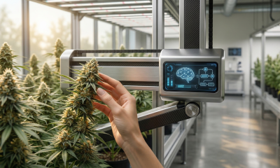 Photorealistic close-up of a human hand examining a cannabis flower in a high-tech facility with a digital neural network interface overlay, representing the link between cannabis and mental health.