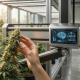 Photorealistic close-up of a human hand examining a cannabis flower in a high-tech facility with a digital neural network interface overlay, representing the link between cannabis and mental health.