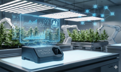 A futuristic cannabis cultivation and testing facility, featuring a 3D-printed THC/THCA testing device on a light table in the foreground. Above it, a holographic display shows data graphs and an