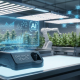 A futuristic cannabis cultivation and testing facility, featuring a 3D-printed THC/THCA testing device on a light table in the foreground. Above it, a holographic display shows data graphs and an