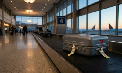A solitary, hard-shell suitcase with an attached red Customs 'ALERT' sticker moves along a deserted airport baggage carousel, illustrating the risks of international smuggling.