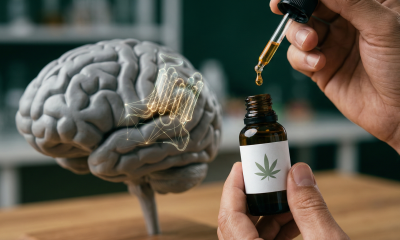 A photorealistic medical illustration featuring a human brain model and a hand holding a cannabis oil dropper, showing a glowing green neural receptor graphic.