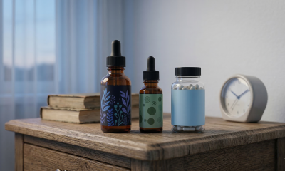 Gemini said A photorealistic, widescreen image of a wooden bedside table featuring three minimalist CBD sleep products: two amber glass dropper bottles with botanical-patterned labels and one clear jar filled with white capsules. The background is soft and airy, showing a blurred window with thin white curtains and a simple round alarm clock, evoking a calm, evening atmosphere.