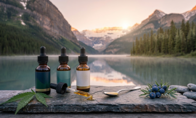 A serene, photorealistic widescreen photograph of three text-free dark amber glass dropper bottles of Canadian CBD oil resting on a grey slate slab and natural wood surface. A glistening sublingual drop of oil is suspended from a glass dropper. The background is a soft-focus vista of a calm, mirror-like lake and a dense forest during the soft, cool blue hour, with the very first warm, golden-pink hues of the sunrise just cresting over distant snow-capped mountain peaks, similar to image_2.png. The air is clear and fresh, with a low mist over the water. The bottles and stone are sharply in focus.
