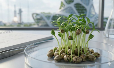 A photorealistic close-up of fresh hemp sprouts growing in a laboratory Petri dish, set against a blurred background of futuristic eco-architecture and a rocket launch, symbolizing the plant's potential in nutritional research and space exploration.