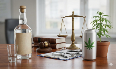 A photorealistic still life on a professional wooden desk comparing alcohol and cannabis. A bottle of brown liquor stands next to a silver beverage can labeled