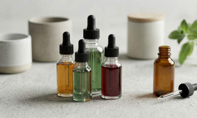 A minimalist, widescreen composition featuring four glass dropper bottles of varying sizes and colors, including amber and clear glass with black caps. The bottles contain liquids in shades of gold, light green, and deep red, arranged neatly on a textured light grey surface alongside neutral-toned ceramic containers and a small green plant.