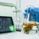 A photorealistic close-up in a modern laboratory showing a scientist's hand in a blue latex glove holding a glass Erlenmeyer flask. Inside the flask, a cannabis flower is submerged in a golden liquid solution, representing chemical extraction. In the blurred background, a digital tablet displays data visualization charts next to stainless steel laboratory equipment, symbolizing the fusion of cannabis and high-tech science