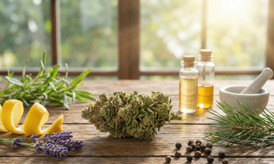 A photorealistic still life on a rustic wooden table featuring a central cannabis flower surrounded by natural sources of terpenes, including lemon peels, lavender sprigs, pine needles, and black peppercorns. In the background, glass vials containing golden oil and a white mortar and pestle sit in warm, natural window light, symbolizing the extraction and study of plant compounds.