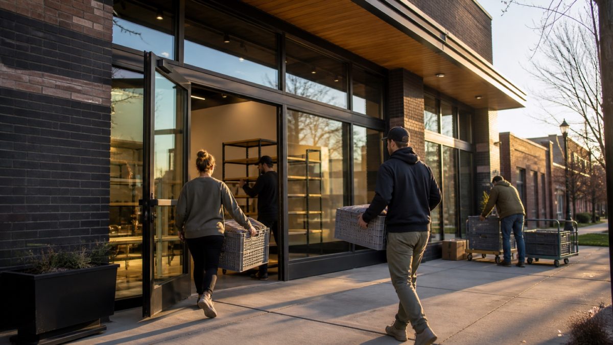 Workers prepare a modern dispensary storefront for opening