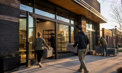 Workers prepare a modern dispensary storefront for opening