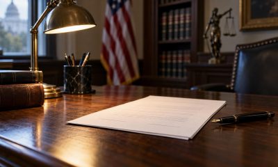 Unsigned legal order and fountain pen on a wooden desk under a lamp