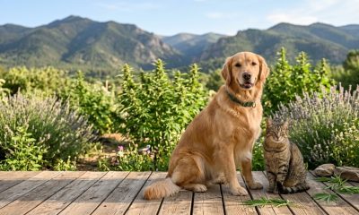 photorealistic image of a cat and dog sitting in front of a mountainscape with cbd supplements